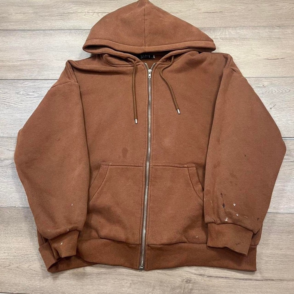 Women's heavyweight‎ brown distressed zip up hoodie blank essential cute trendy